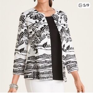 Chico's Black & White Abstract Open-Front Jacket